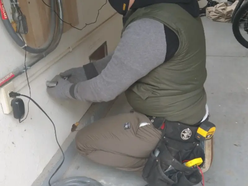 Electrician performing outlet wiring in a Clyde garage